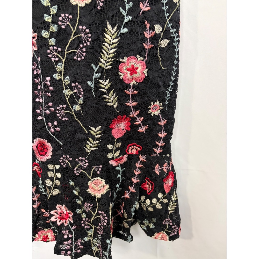 Siena Women Black Floral Embroidered Lace Midi Dress Mermaid Flounce Hem Size 14 - Picture 6 of 11